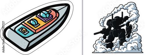 A vector set featuring a colorful top-down illustration of a modern naval patrol boat alongside a black silhouette of a giant combat robot or mech emerging from a thick cloud of white smoke.