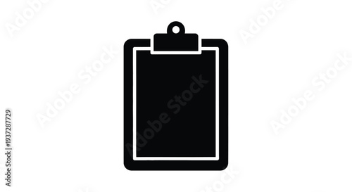 A simple black silhouette of a clipboard with a hanging loop