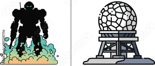 Sci-fi vector sticker set featuring a dark silhouette of a giant robot mech standing in colorful smoke and a detailed geodesic dome radar station on a platform.