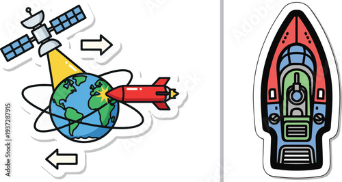 Vector stickers showing a satellite tracking a red missile toward Earth and a detailed top-down view of a colorful armored military vehicle or vessel.
