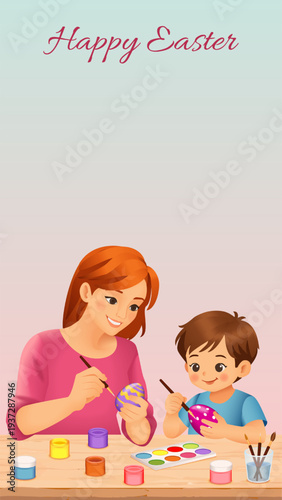 Happy Easter vertical vector illustration with mother and son decorating Easter eggs together, festive spring holiday scene with copy space.