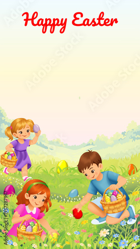 Happy Easter vertical vector illustration with kids collecting Easter eggs in baskets on a sunny spring meadow, festive spring scene with copy space.