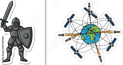 Detailed sticker of a medieval knight in full plate armor holding a sword and shield, alongside a global defense concept featuring satellites and missiles orbiting Earth.
