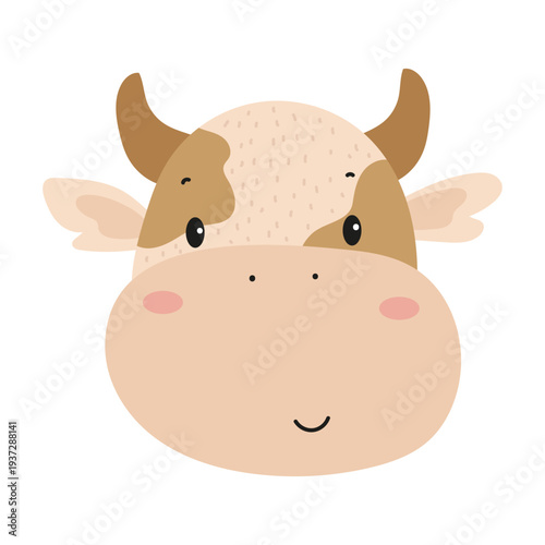 Flat vector illustration of a cute cow face. Cartoon farm animal isolated on a white background.