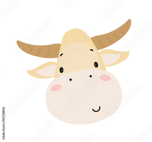 Flat vector illustration of a cute cow face with horns. Cartoon farm animal isolated on a white background.