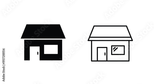 Simple black and white line drawing of two house facade variations