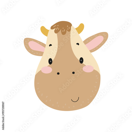 Flat vector illustration of a cute cow face with horns. Cartoon farm animal isolated on a white background.
