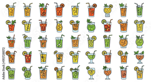 Colorful cocktails with straws and slices.