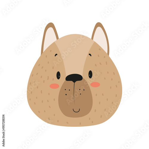 Flat vector illustration of a cute German shepherd dog face. Cartoon pet character isolated on a white background.