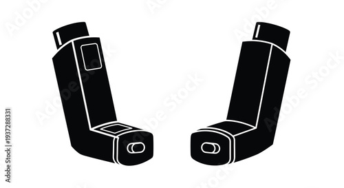 Black and white illustration of two asthma inhalers facing each other