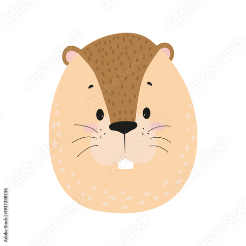 Flat vector illustration of a cute groundhog face with small ears, whiskers and large front teeth. Cartoon animal character isolated on a white background.