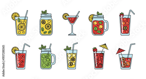 Colorful Cartoon Cocktail Drink Illustrations.