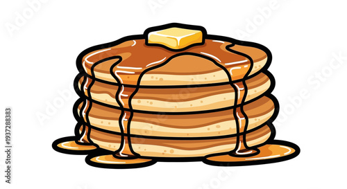 Stack of pancakes with butter and syrup.