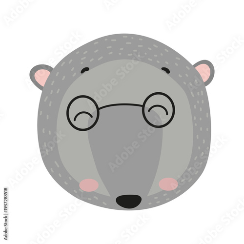 Cute cartoon mole face with small round glasses. Flat vector illustration of a funny underground animal character isolated on white background for kids prints, nursery decor and stickers.