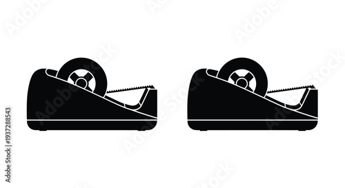 Two black silhouette images of tape dispensers with a serrated blade