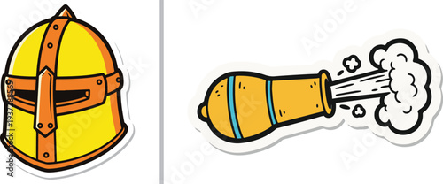 Vibrant vector sticker set featuring a golden medieval knight's helmet with orange trim and a stylized golden cannon firing a blast of white smoke.