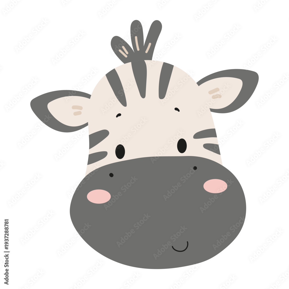 Naklejka premium Cute cartoon zebra face with black stripes. Flat vector illustration of an african animal character isolated on white background for kids prints, nursery decor, stickers and design.