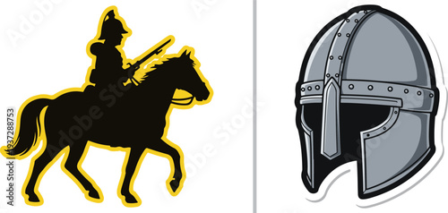 Vector sticker set featuring a black silhouette of a cavalry soldier on horseback and a detailed grey medieval knight's helmet with a nasal guard.