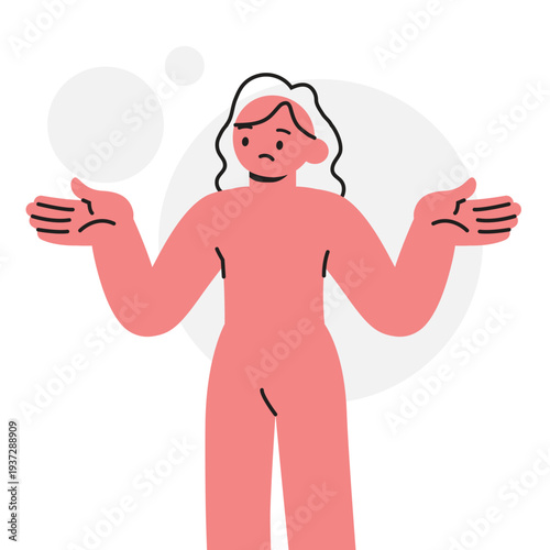 Woman Character Shrugging Shoulders Representing Uncertainty, Doubt, and Questioning Concept. Character Vector illustration design.
