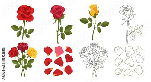 Collection of red and yellow rose illustrations, including full blooms, buds, and scattered petals, ideal for graphic design and artistic projects