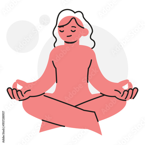Woman sitting in lotus position practicing mindfulness meditation and yoga for mental health wellness and stress relief Concept. Character Vector illustration design.