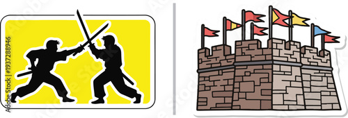 A black and white vector set featuring silhouettes of two martial artists clashing with katanas on a yellow background, alongside a detailed stone castle with colorful banners.