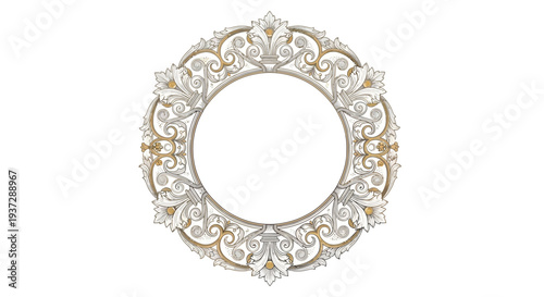 Ornate circular frame with intricate golden and white filigree patterns, perfect for decorative borders and elegant designs