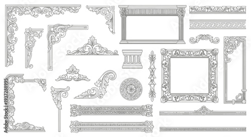 Elegant ornate decorative frames and borders, vintage baroque elements for graphic design and architectural accents