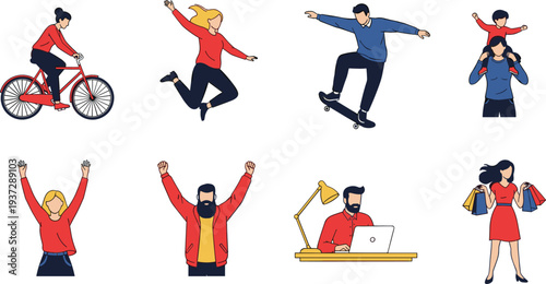Young People Lifestyle Activities Vector Illustration Set with Cycling, Skateboarding, Jumping, Working on Laptop, Shopping and Celebration Characters