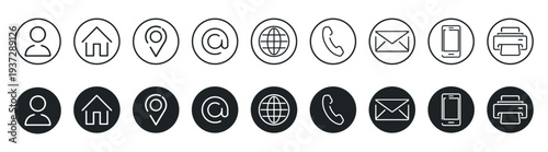 Contact communication icon set, phone email location website home user globe message symbols, minimal circle interface buttons vector illustration on transparent background