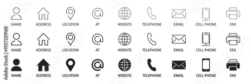 Business card and contact information icon set. Phone, email, address, location, website, fax, home symbols. Flat and line editable stroke vector icons for apps and business communication on transpare