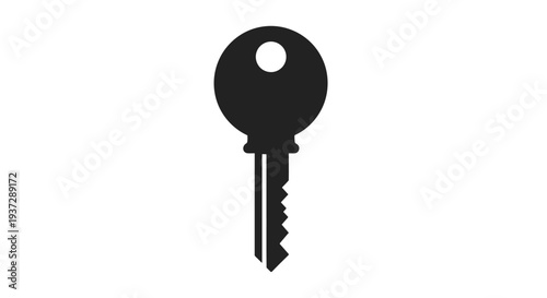 A simple black silhouette of a classic metal key with a toothed blade