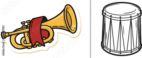 A vibrant vector set featuring a golden trumpet adorned with a red ribbon and a detailed black and white illustration of a traditional snare drum.