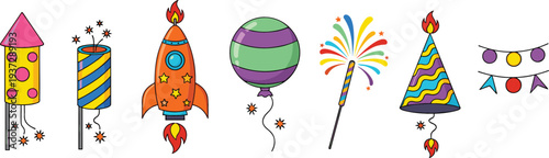 Colorful Fireworks Rocket and Festive Celebration Elements Vector Set with Party Crackers, Firework Burst, Balloon and Decorative Festival Items