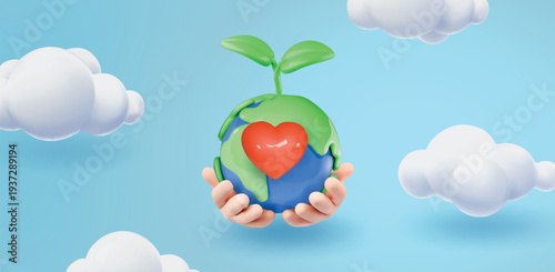 Hands Holding Earth with heart Save the Planet Cartoon 3d Vector. Planet earth globe in clouds, Ecology poster