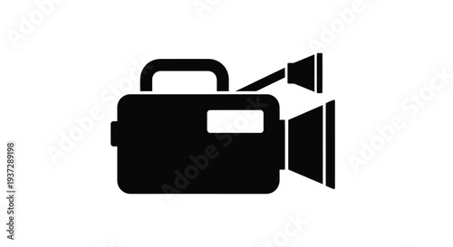 Simple black silhouette of a vintage video camera on a white background