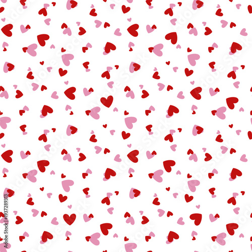 Small red and pink hearts isolated on a white background. Cute seamless pattern. Simple flat vector graphic illustration. Texture.
