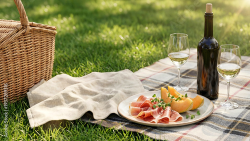 Picnic Setup with Wine and Melon on Blanket Outdoors.