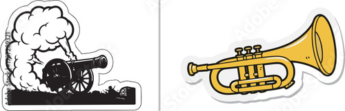 A dynamic vector illustration featuring a historic black cannon firing with a large smoke cloud alongside a bright yellow and gold brass trumpet sticker.