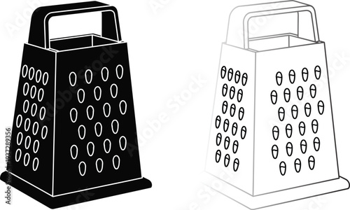 Two black and white illustrations of a box grater kitchen tool