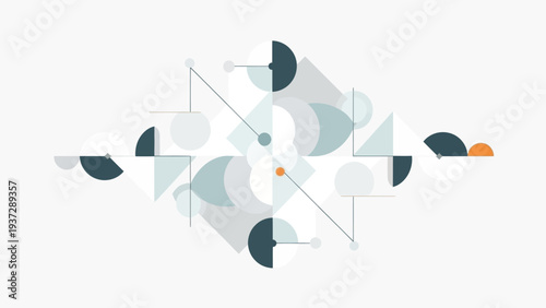Abstract geometric pattern with circles and triangles in shades of blue and grey.