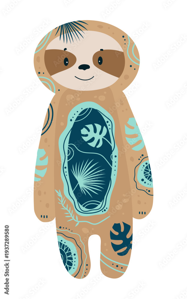 Fototapeta premium Cute stylized sloth decorated with ornamental tropical patterns. Cartoon vector illustration of jungle animal isolated on white background.