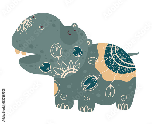 Cute hippopotamus decorated with ornamental ethnic patterns. Cartoon vector illustration of African animal isolated on white background.