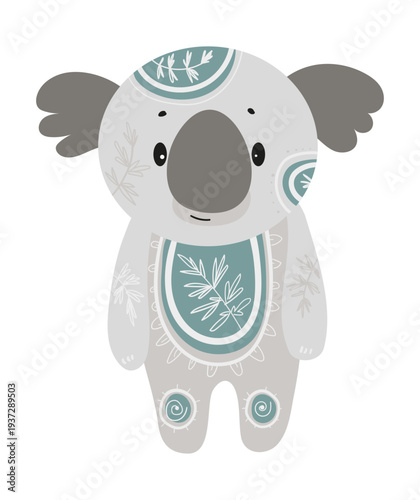 Cute stylized koala with decorative ethnic patterns. Cartoon vector illustration of Australian animal isolated on white background.