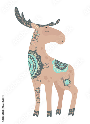 Cute stylized moose decorated with ornamental ethnic patterns. Cartoon vector illustration of forest animal isolated on white background.