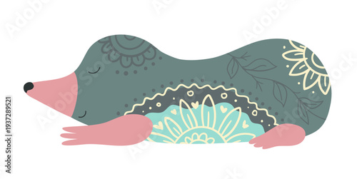 Cute stylized mole decorated with ornamental ethnic patterns. Cartoon vector illustration of underground forest animal isolated on white background.
