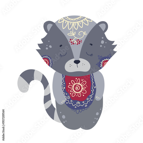 Cute stylized raccoon decorated with ornamental ethnic patterns. Cartoon vector illustration of forest animal isolated on white background.