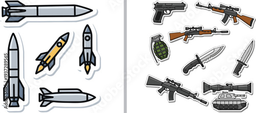 Military sticker set featuring rockets, missiles, and various weaponry including rifles, a handgun, grenade, combat knives, and a tank in a clean vector style.
