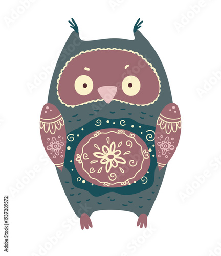 Cute stylized owl decorated with ornamental ethnic patterns. Cartoon vector illustration of forest bird isolated on white background.