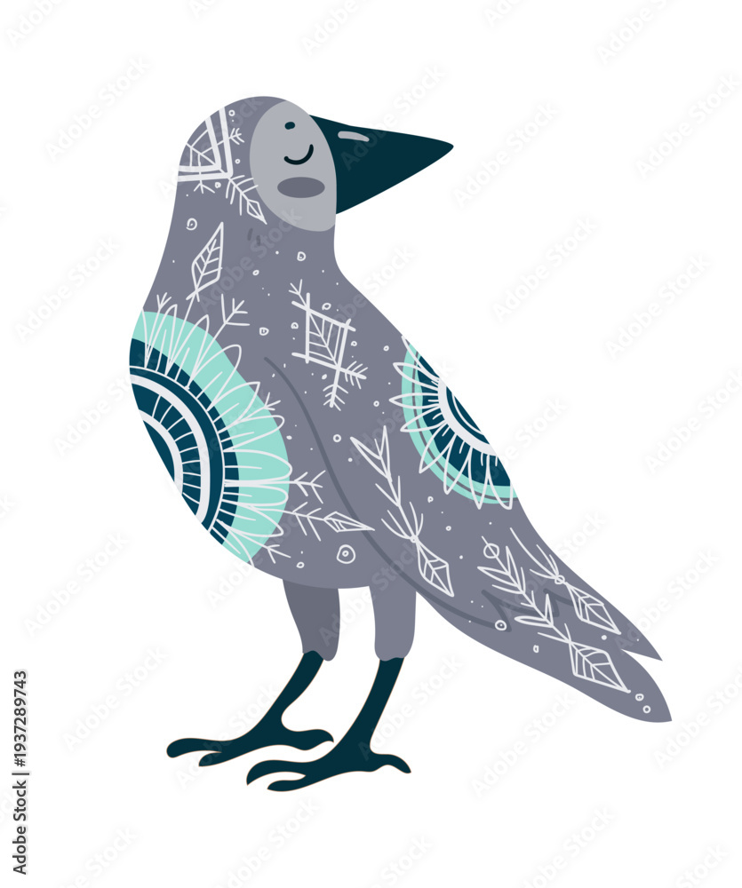 Obraz premium Stylized vector illustration of a crow decorated with ethnic ornamental patterns. Decorative bird isolated on white background.